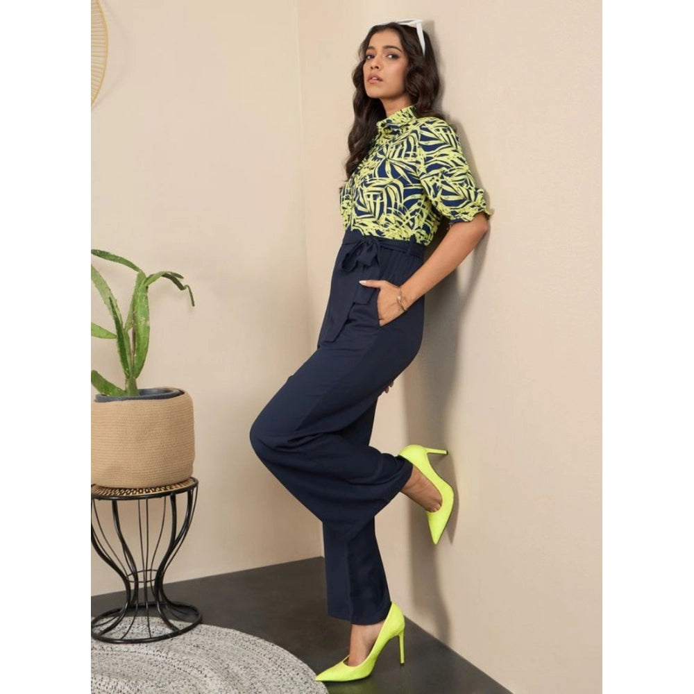 Vaystra Polyester Floral Half Sleeves Jumpsuit – Navy-Yellow