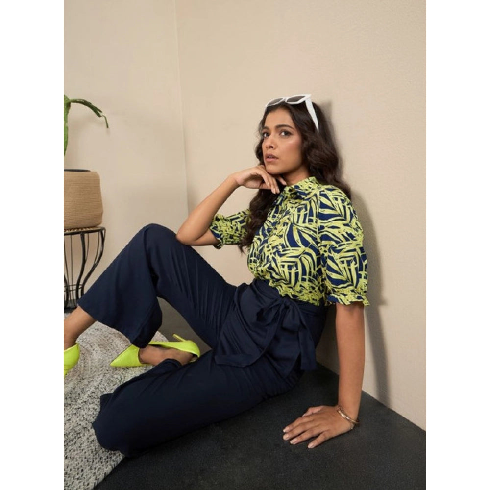 Vaystra Polyester Floral Half Sleeves Jumpsuit – Navy-Yellow