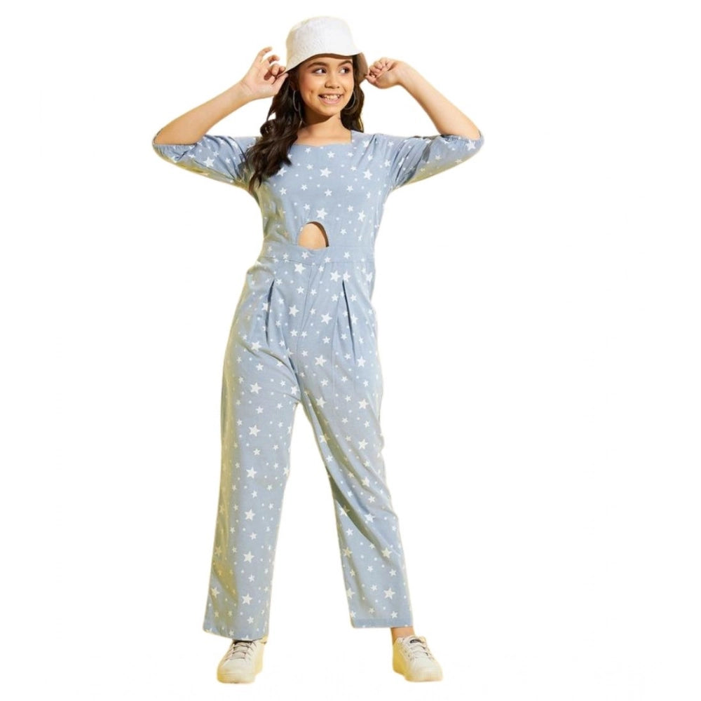 Vaystra Girl's Cotton Printed 3-4th Sleeve Jumpsuit – Blue-White