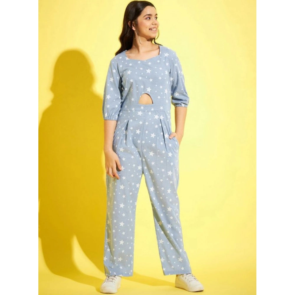Vaystra Girl's Cotton Printed 3-4th Sleeve Jumpsuit – Blue-White