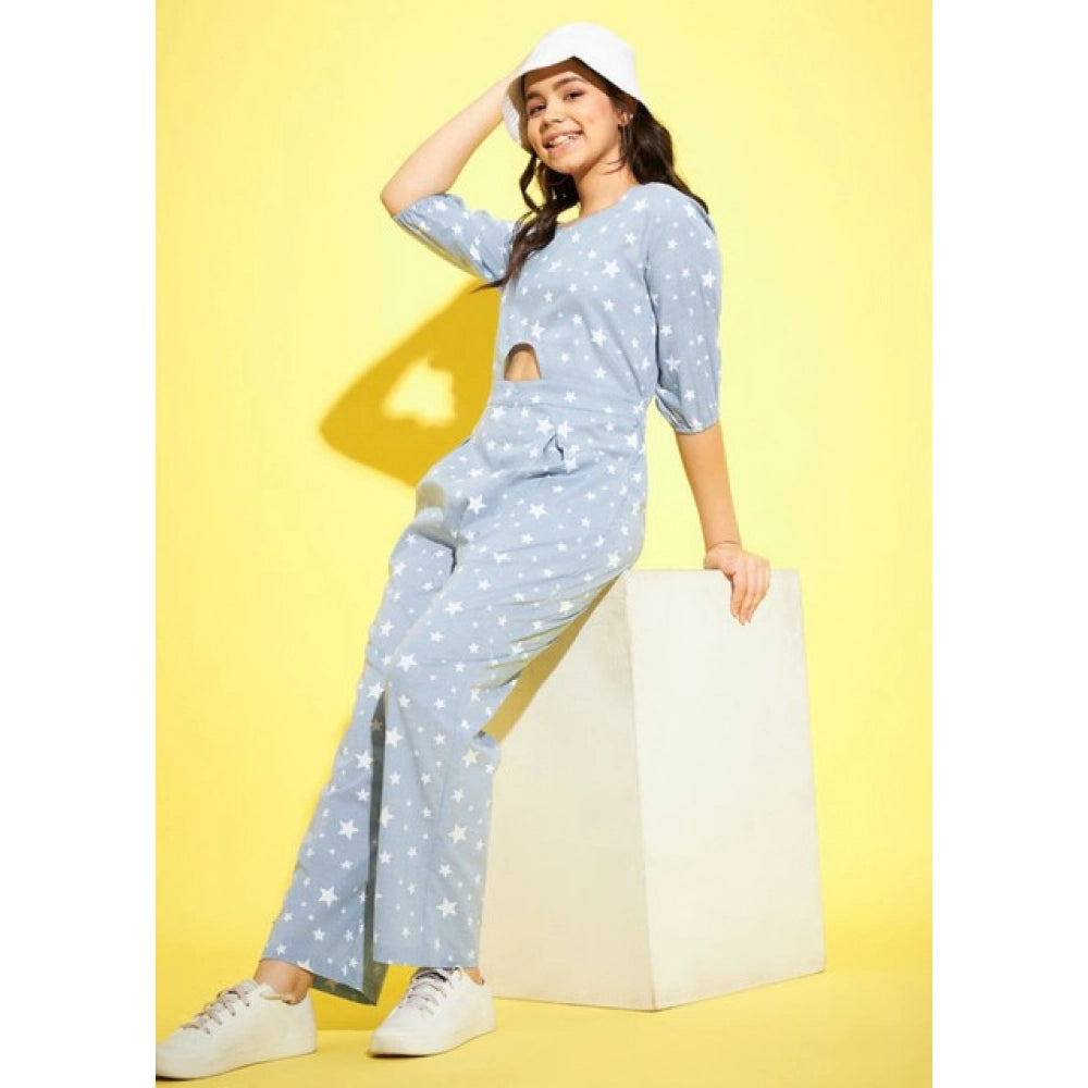 Vaystra Girl's Cotton Printed 3-4th Sleeve Jumpsuit – Blue-White