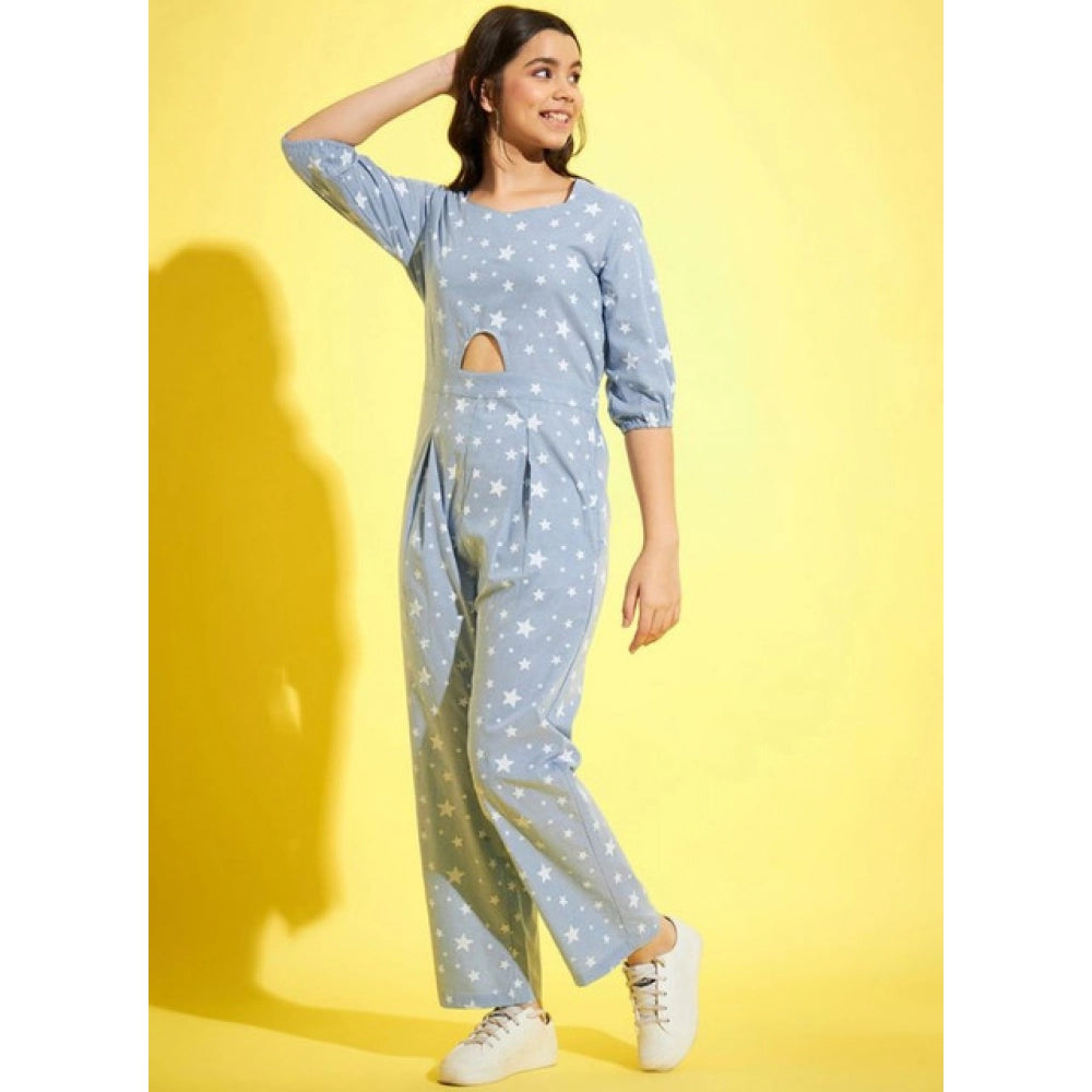 Vaystra Girl's Cotton Printed 3-4th Sleeve Jumpsuit – Blue-White