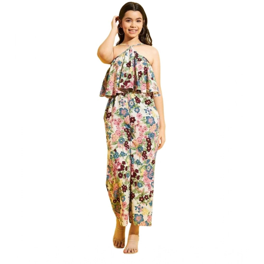 Vaystra Girl's Polyester Crepe Floral Sleeveless Jumpsuit – Multicolor