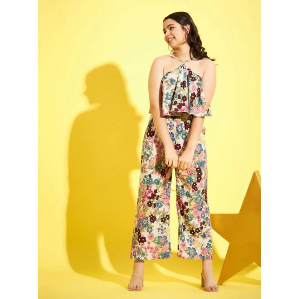 Vaystra Girl's Polyester Crepe Floral Sleeveless Jumpsuit – Multicolor