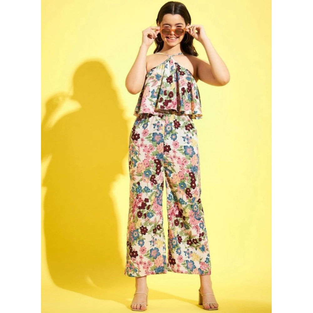 Vaystra Girl's Polyester Crepe Floral Sleeveless Jumpsuit – Multicolor