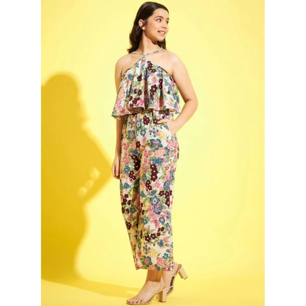 Vaystra Girl's Polyester Crepe Floral Sleeveless Jumpsuit – Multicolor