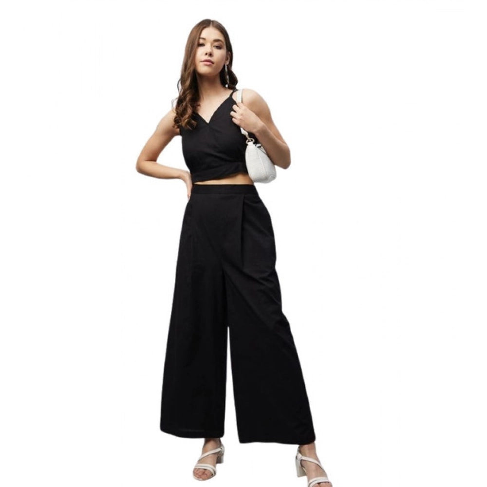 Vaystra Cotton Linen Solid Sleeveless Crop Top and Palazzo Set – Black