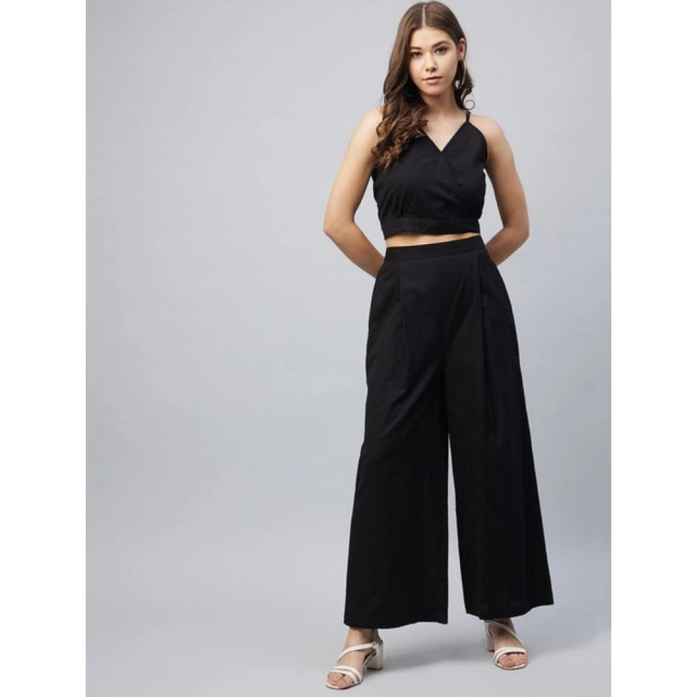 Vaystra Cotton Linen Solid Sleeveless Crop Top and Palazzo Set – Black