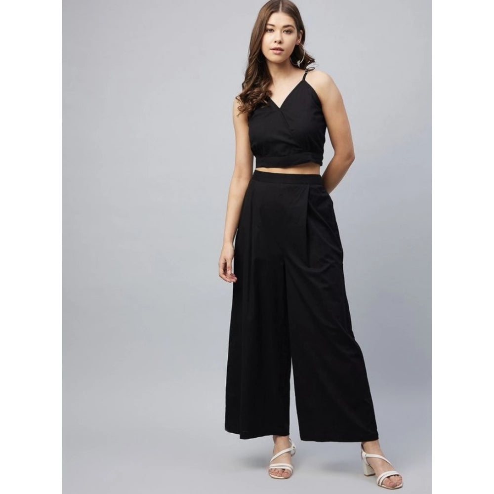 Vaystra Cotton Linen Solid Sleeveless Crop Top and Palazzo Set – Black