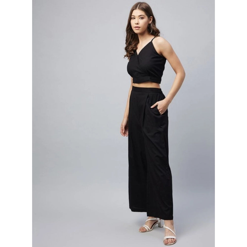 Vaystra Cotton Linen Solid Sleeveless Crop Top and Palazzo Set – Black