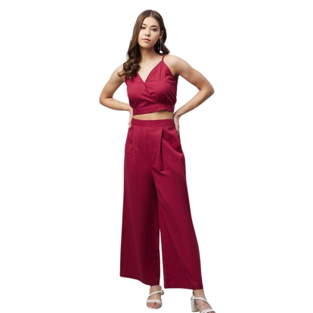 Vaystra Cotton Linen Solid Sleeveless Crop Top and Palazzo Set – Maroon
