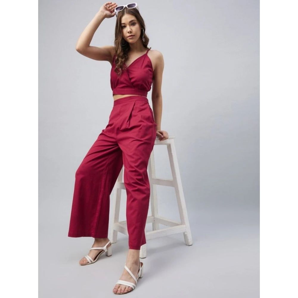 Vaystra Cotton Linen Solid Sleeveless Crop Top and Palazzo Set – Maroon
