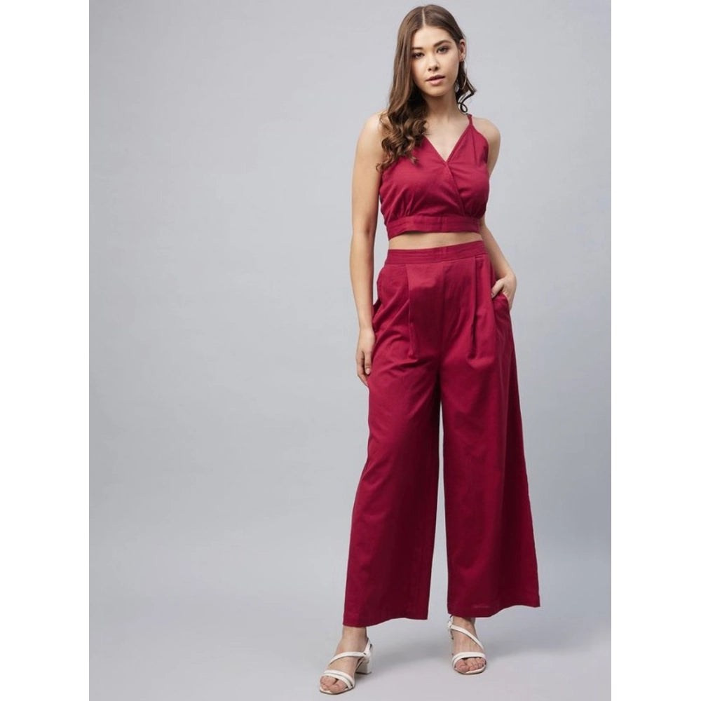 Vaystra Cotton Linen Solid Sleeveless Crop Top and Palazzo Set – Maroon