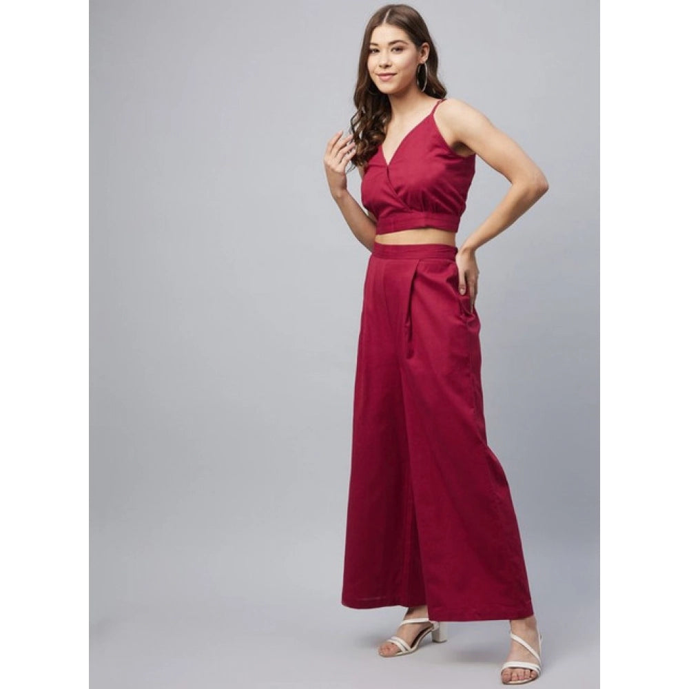Vaystra Cotton Linen Solid Sleeveless Crop Top and Palazzo Set – Maroon