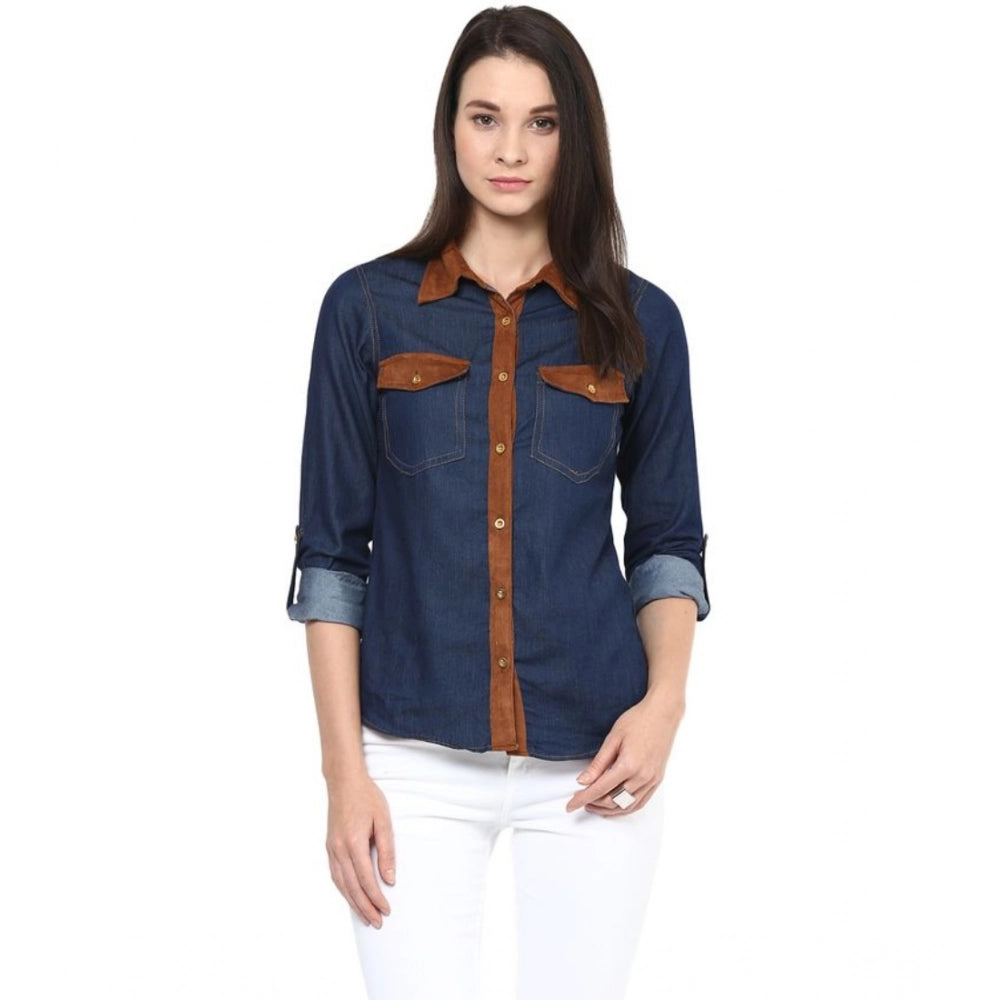 Vaystra Denim Cotton based Solid Long Sleeves Shirt – Blue