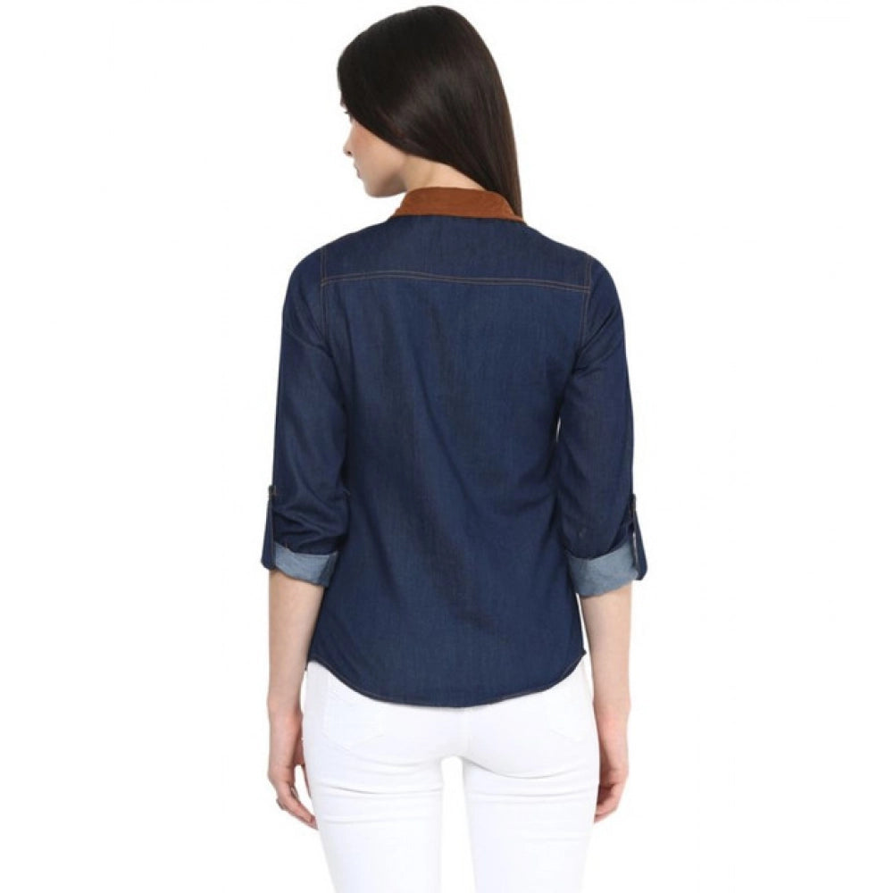 Vaystra Denim Cotton based Solid Long Sleeves Shirt – Blue