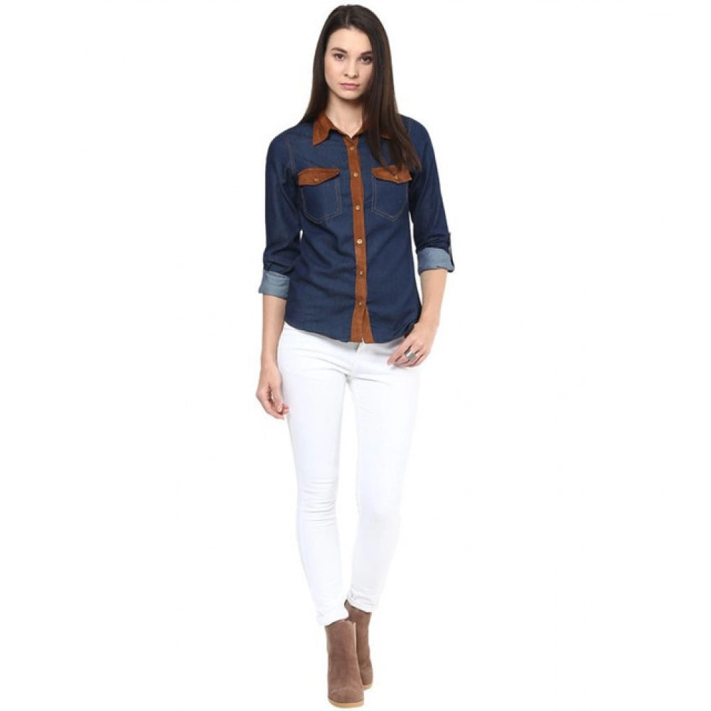 Vaystra Denim Cotton based Solid Long Sleeves Shirt – Blue