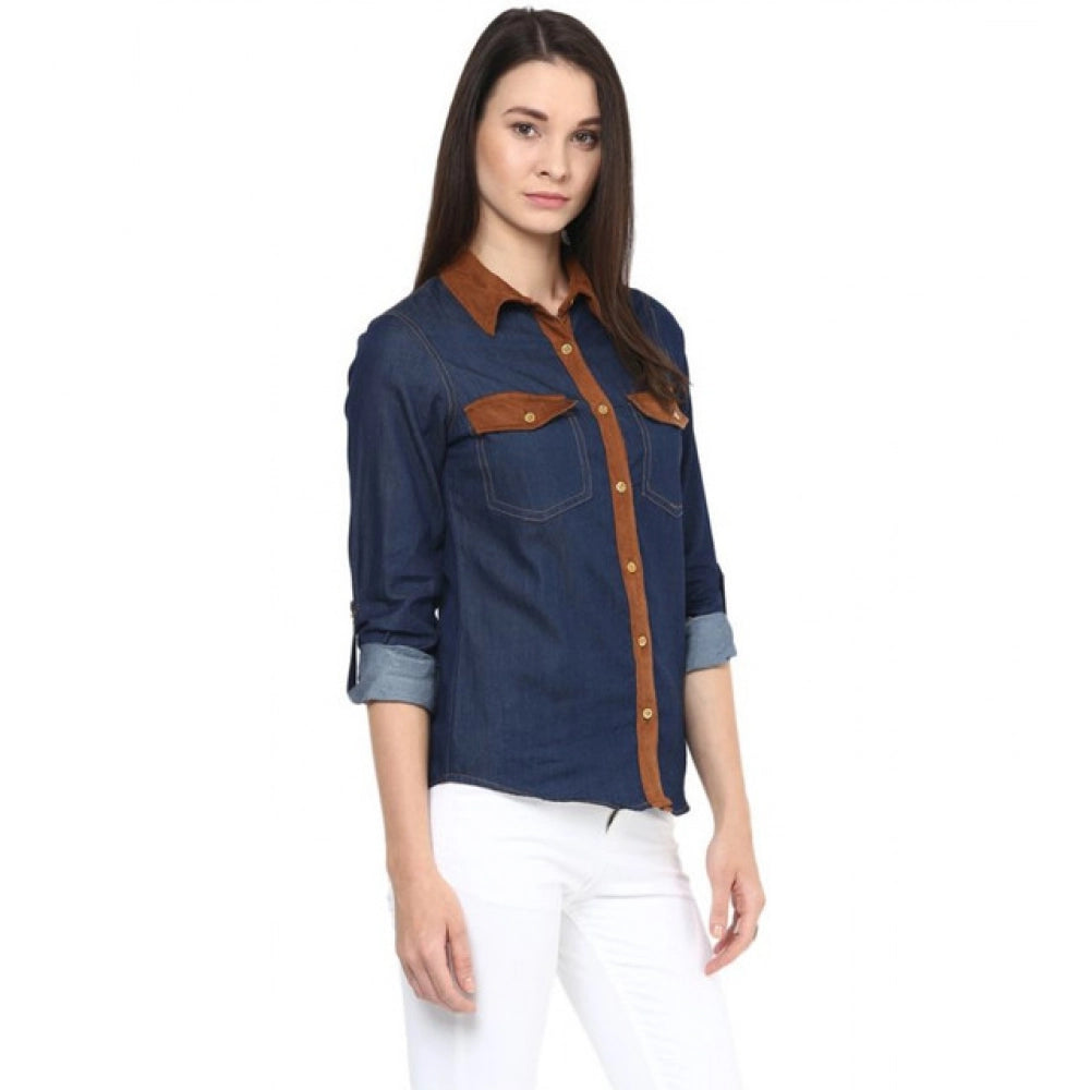 Vaystra Denim Cotton based Solid Long Sleeves Shirt – Blue