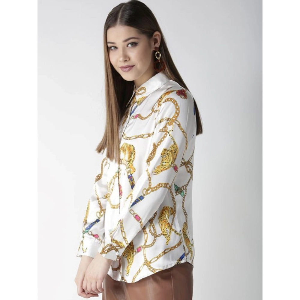 Vaystra Satin Printed Long Sleeves Shirt – White-Gold