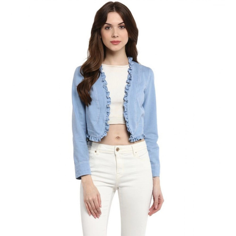 Vaystra Denim Ruffled Long Sleeves Shrug – Blue
