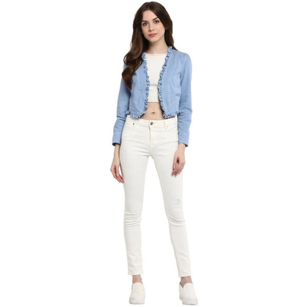 Vaystra Denim Ruffled Long Sleeves Shrug – Blue