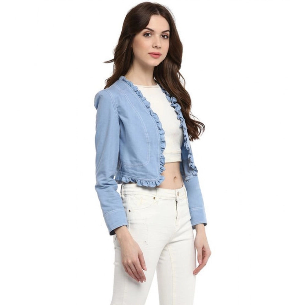 Vaystra Denim Ruffled Long Sleeves Shrug – Blue