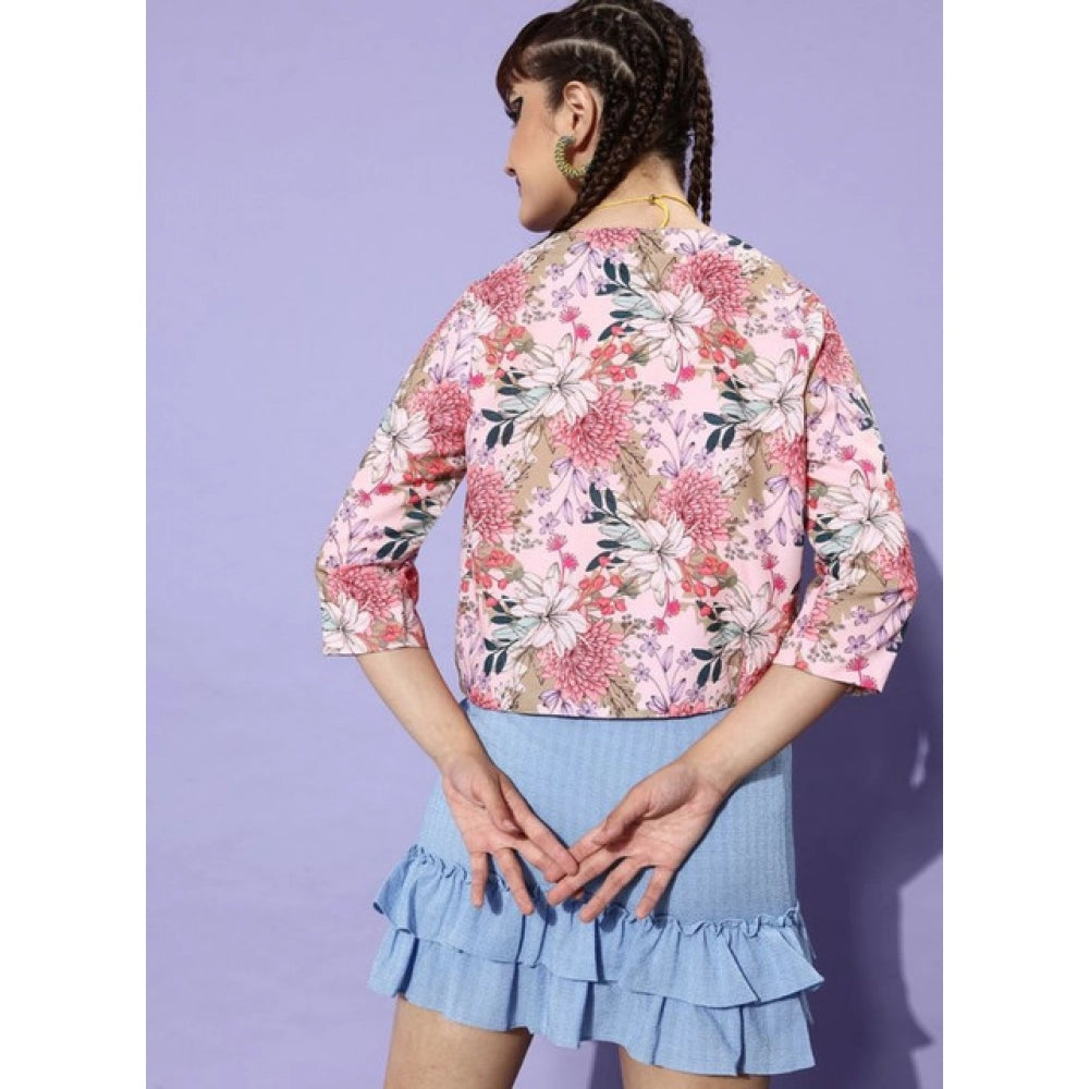 Vaystra Polyester Floral 3-4th Sleeves Shrug – Peach
