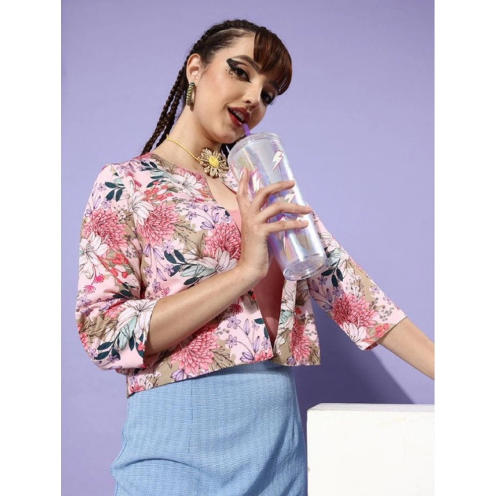 Vaystra Polyester Floral 3-4th Sleeves Shrug – Peach