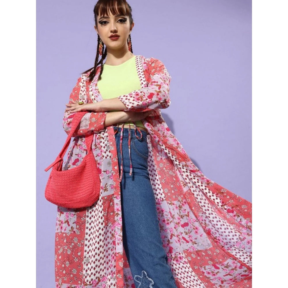 Vaystra Polyester Floral Long Sleeves Shrug – Pink-Coral