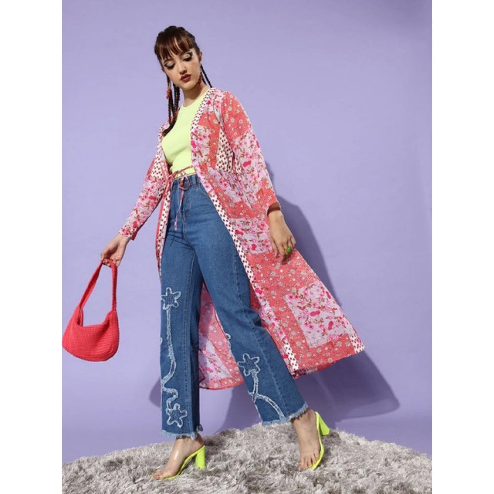 Vaystra Polyester Floral Long Sleeves Shrug – Pink-Coral