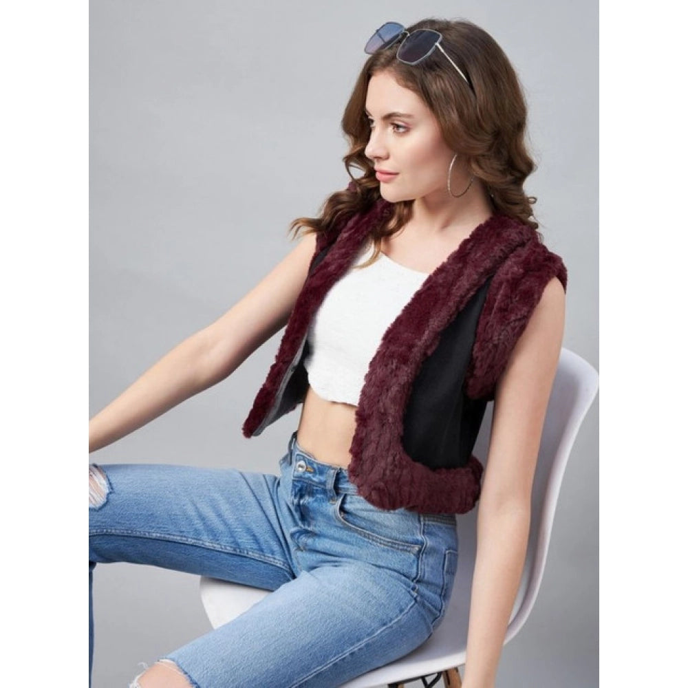 Vaystra Denim And Fur Solid Sleeveless Shrug – Black-Maroon