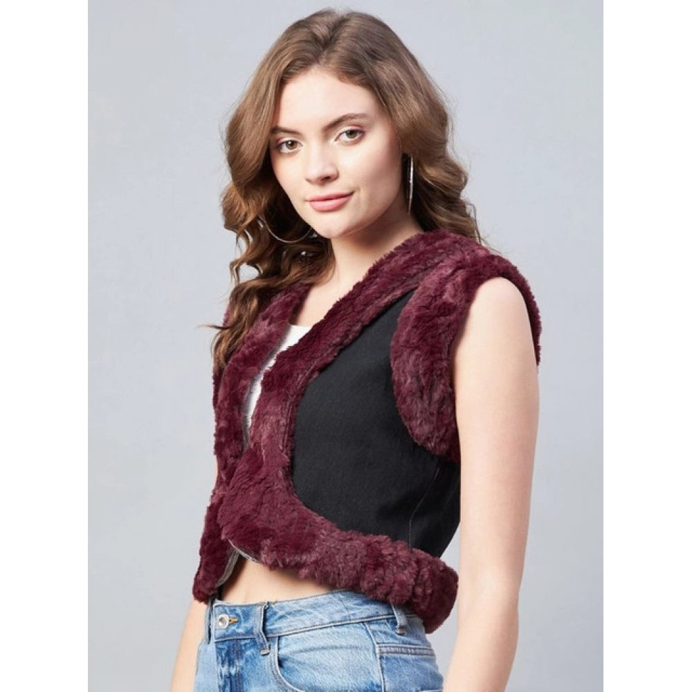 Vaystra Denim And Fur Solid Sleeveless Shrug – Black-Maroon