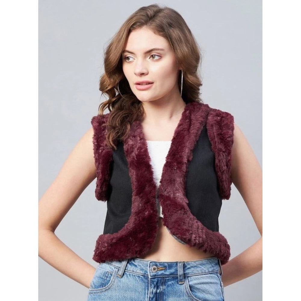 Vaystra Denim And Fur Solid Sleeveless Shrug – Black-Maroon