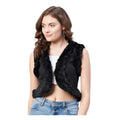 Vaystra Denim And Fur Solid Sleeveless Shrug – Black