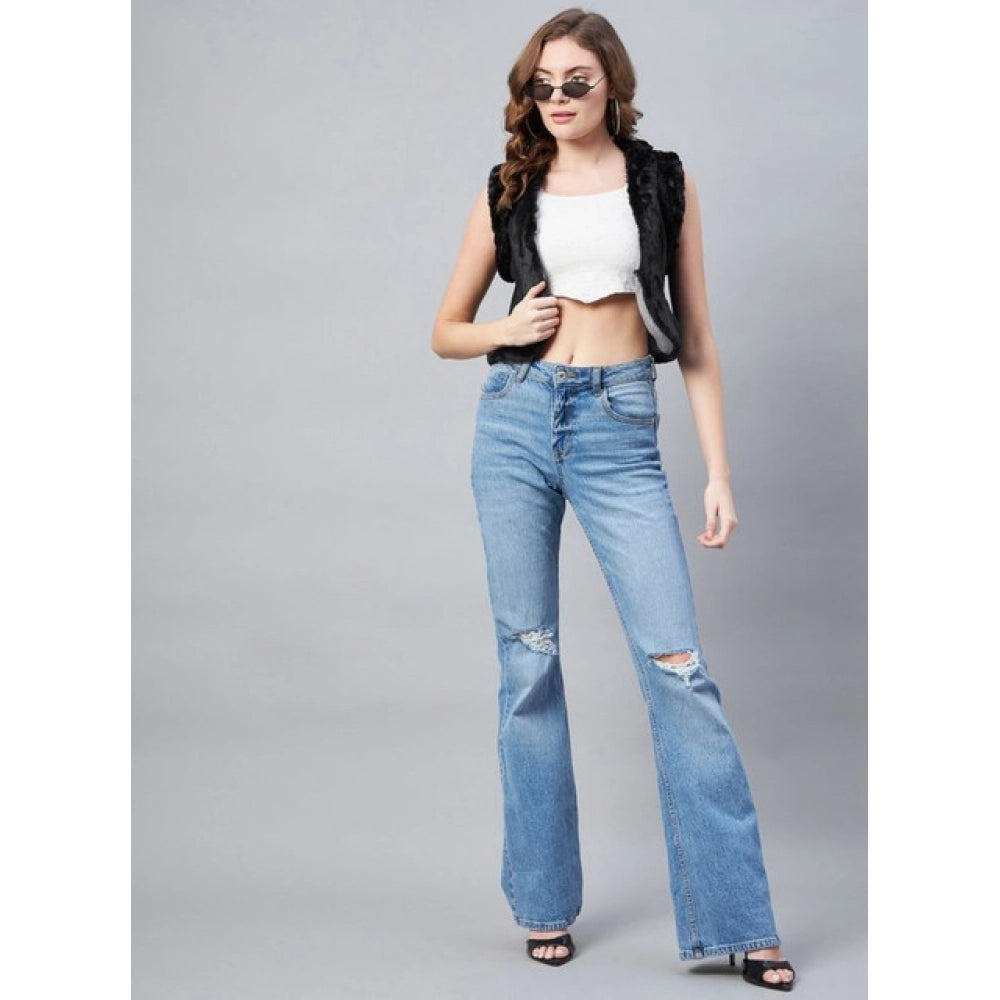 Vaystra Denim And Fur Solid Sleeveless Shrug – Black