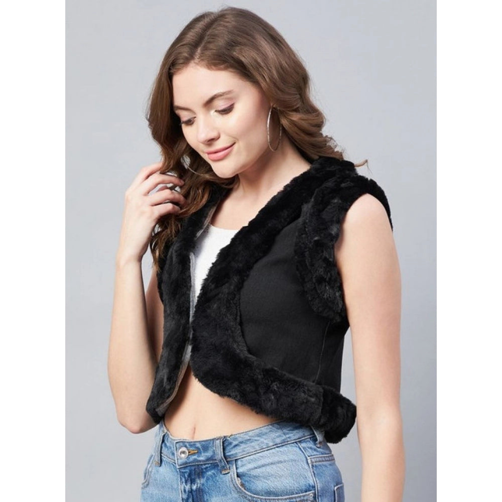 Vaystra Denim And Fur Solid Sleeveless Shrug – Black
