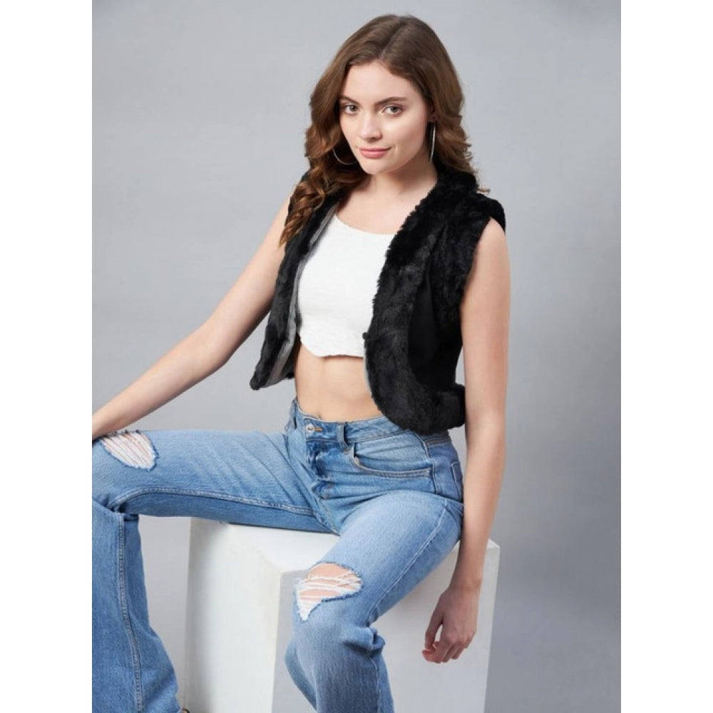 Vaystra Denim And Fur Solid Sleeveless Shrug – Black