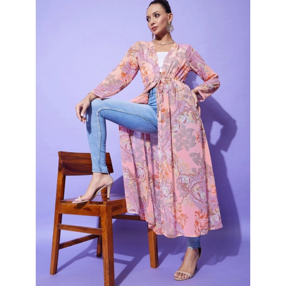 Vaystra Polyester Floral Long Sleeves Shrug – Peach