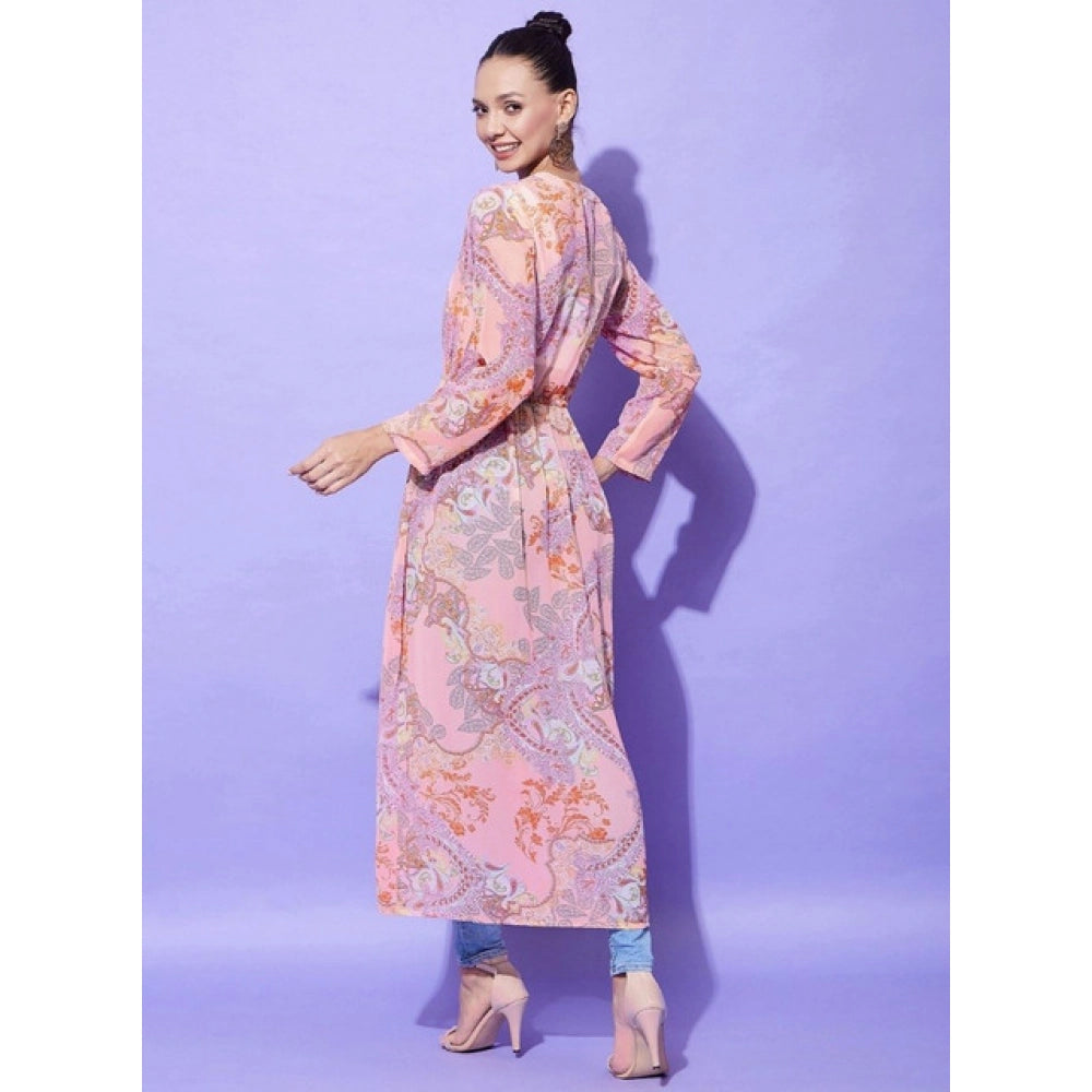 Vaystra Polyester Floral Long Sleeves Shrug – Peach