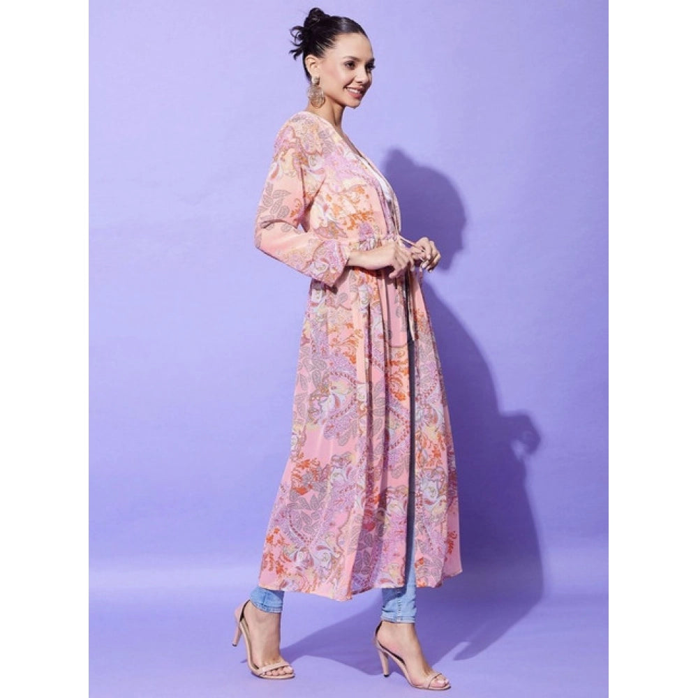 Vaystra Polyester Floral Long Sleeves Shrug – Peach