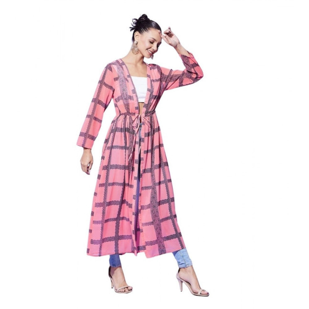 Vaystra Polyester Check Long Sleeves Shrug – Pink