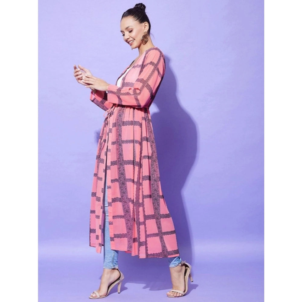 Vaystra Polyester Check Long Sleeves Shrug – Pink
