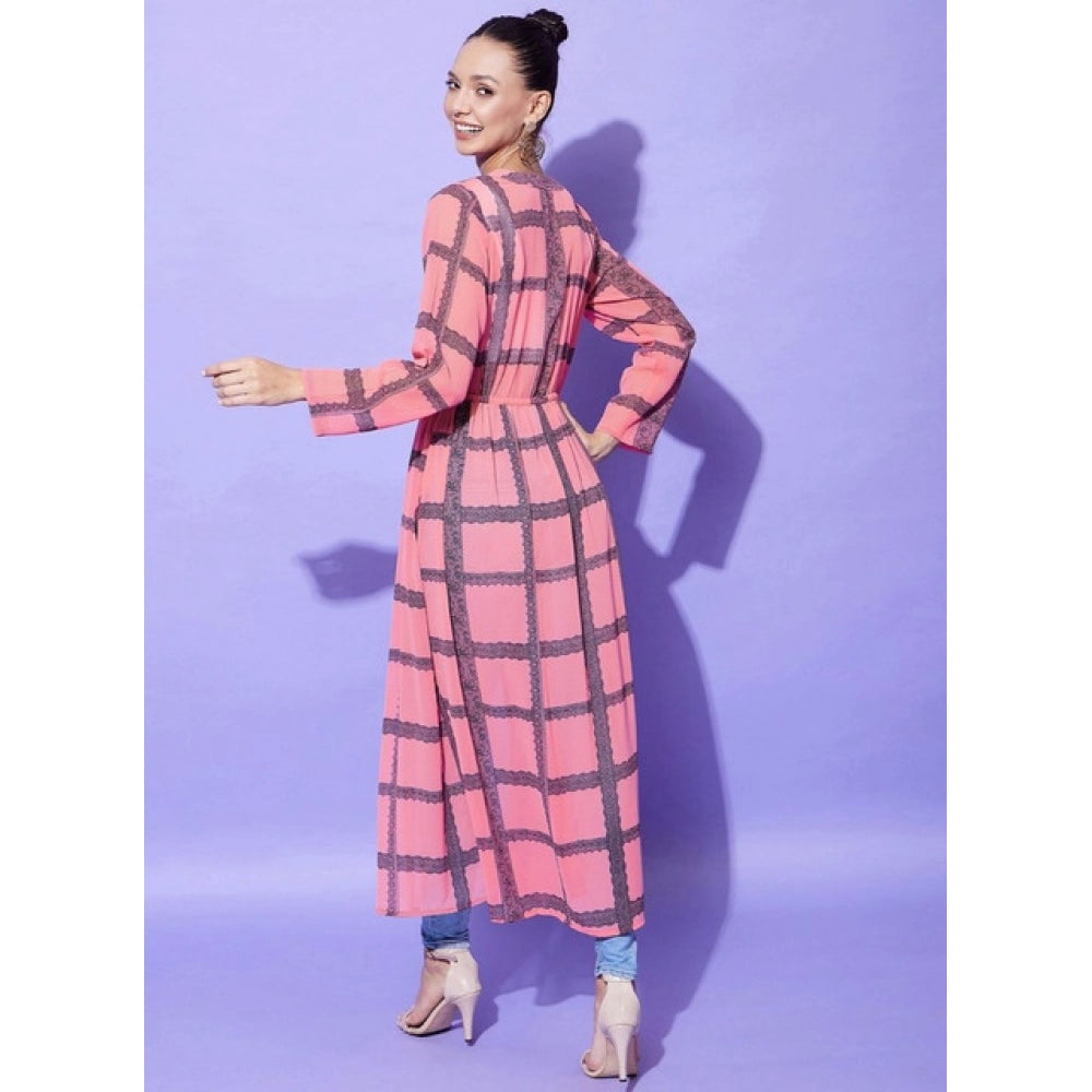 Vaystra Polyester Check Long Sleeves Shrug – Pink