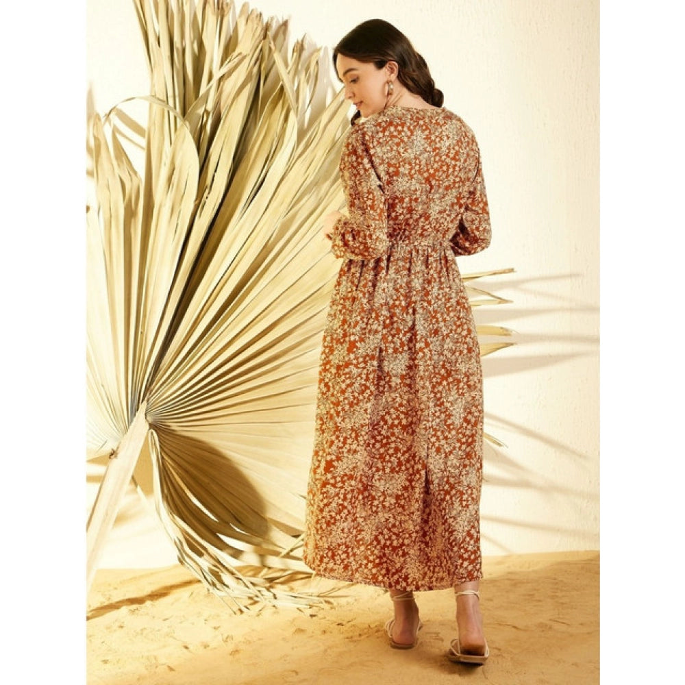 Vaystra Polyester Floral Long Sleeves Shrug – Brown