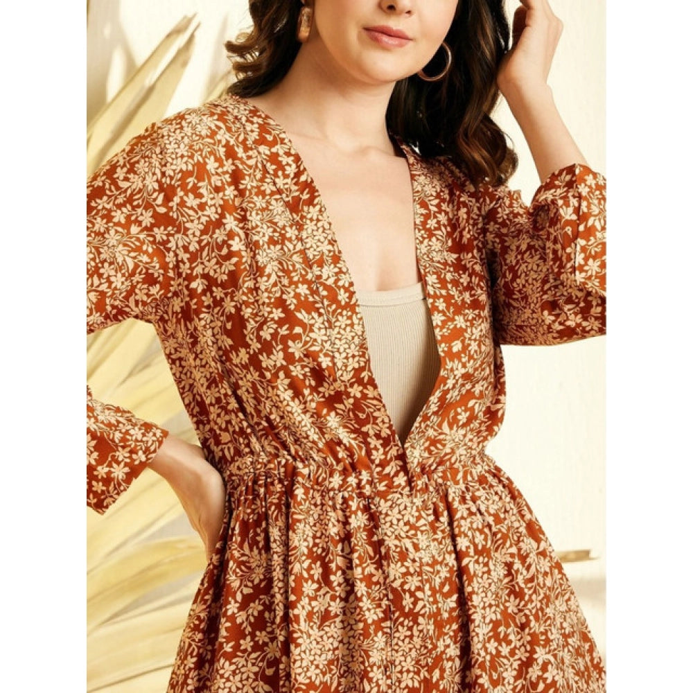 Vaystra Polyester Floral Long Sleeves Shrug – Brown