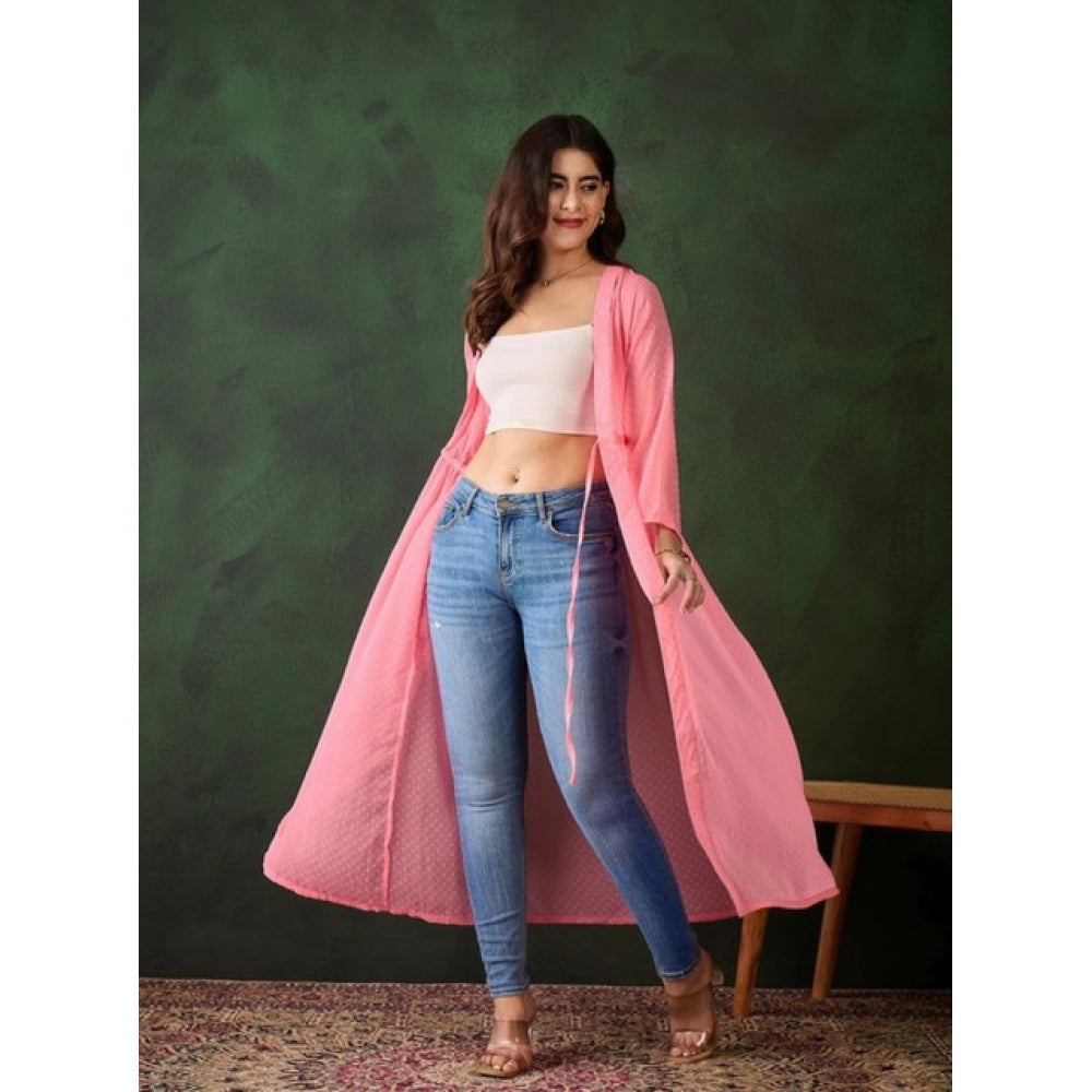 Vaystra Chiffon Self Design Long Sleeves Shrug – Pink