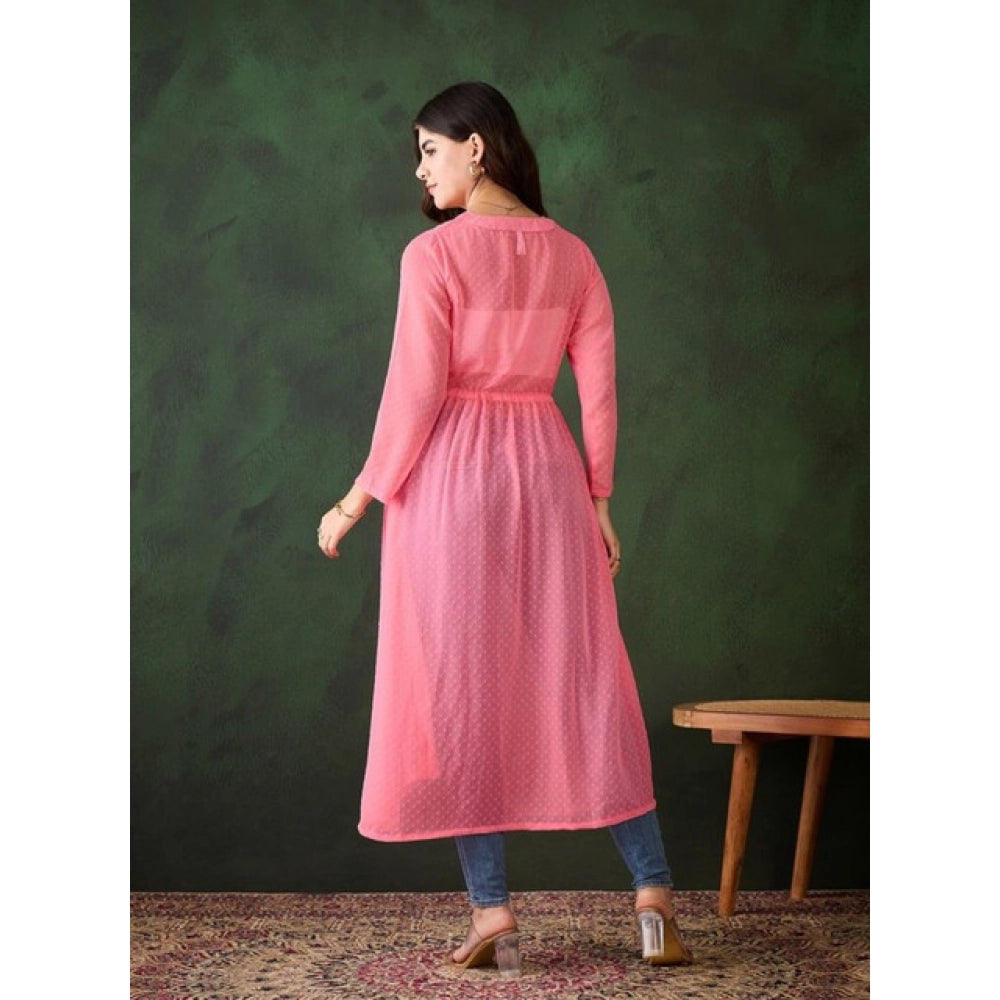 Vaystra Chiffon Self Design Long Sleeves Shrug – Pink