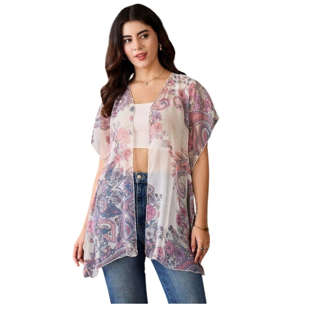 Vaystra Chiffon Printed Short Sleeves Shrug – White-Purple