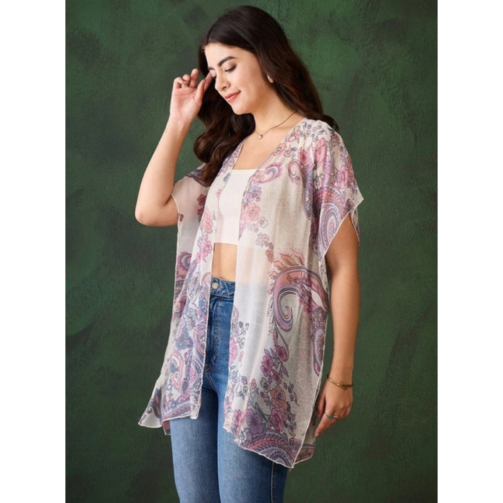 Vaystra Chiffon Printed Short Sleeves Shrug – White-Purple