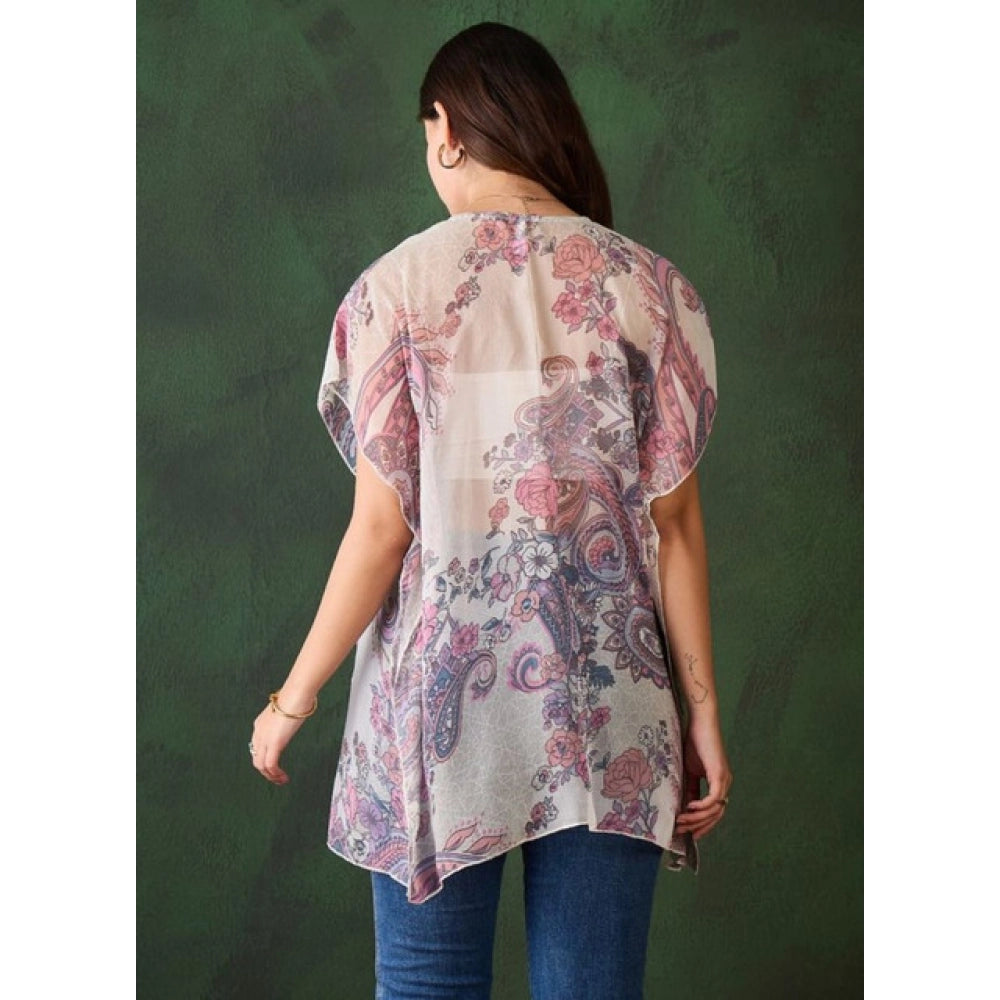 Vaystra Chiffon Printed Short Sleeves Shrug – White-Purple